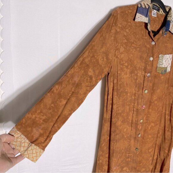 Vintage Nativewear Designs Burnt Orange Stone Wash Long Sleeve Button Up Top M - Picture 8 of 13